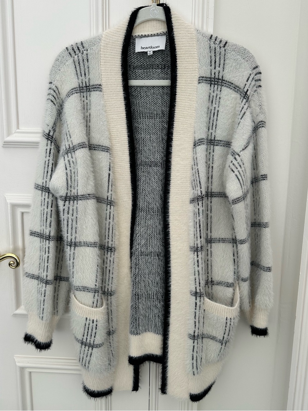 Heartloom Cream, Gray & Black Plaid Open Front Cardigan